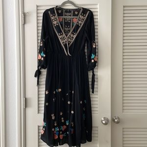 Black Linen Midi Dress with Embroidery